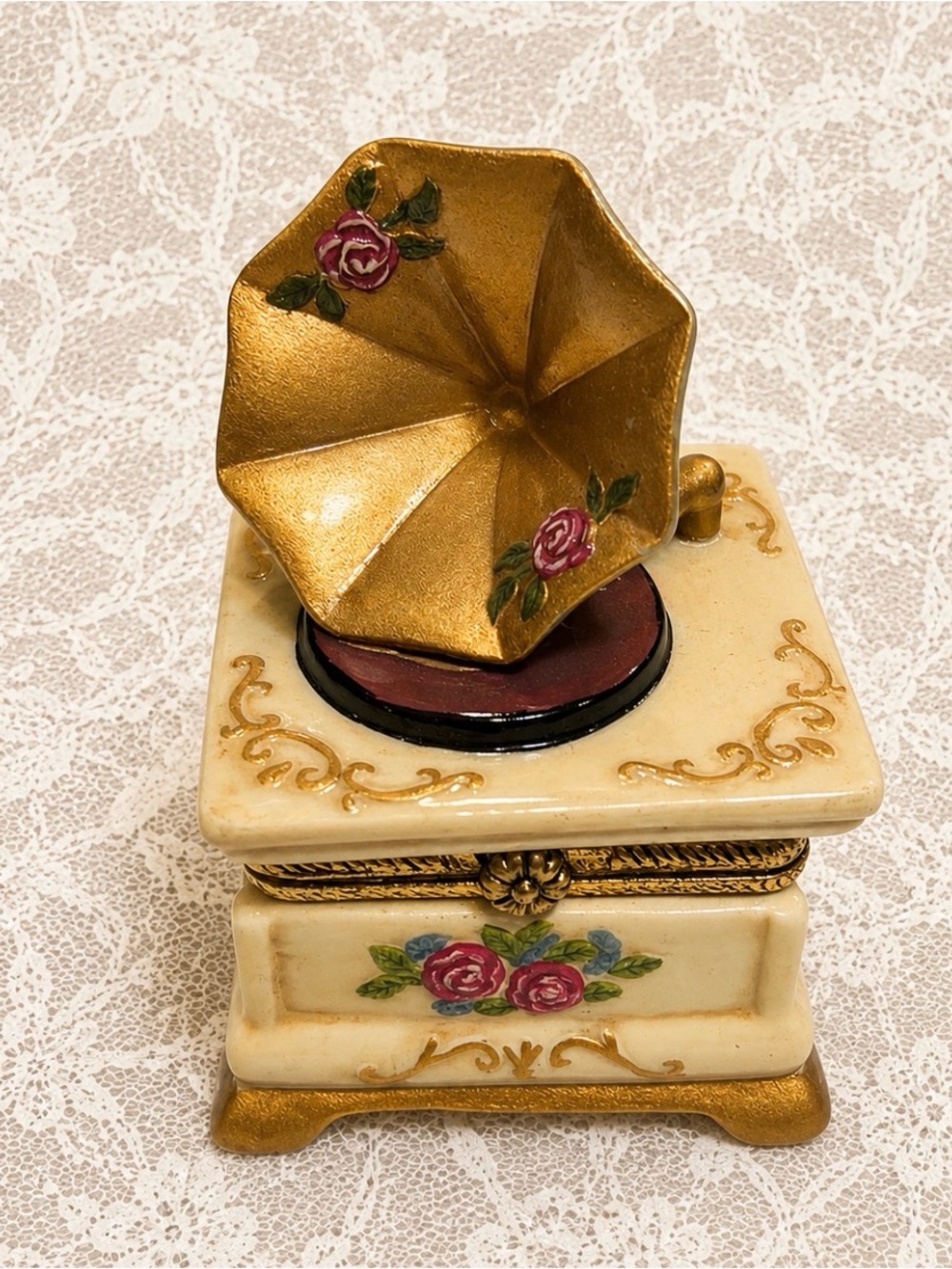 Gramophone Trinket Box Porcelain Record Player with Embossed Roses